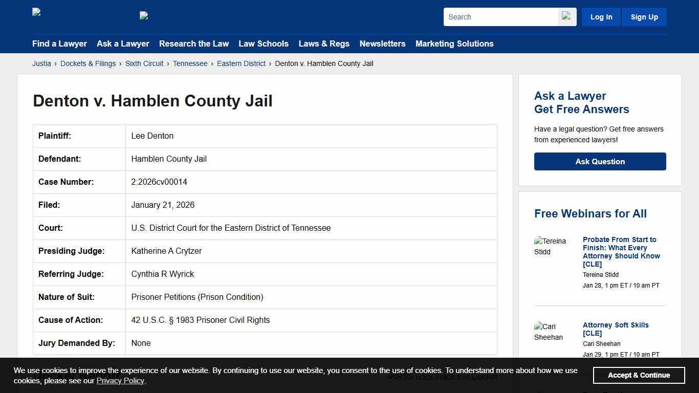 Denton v. Hamblen County Jail 2:2026cv00014 U.S. District Court for the Eastern District of Tennessee Justia