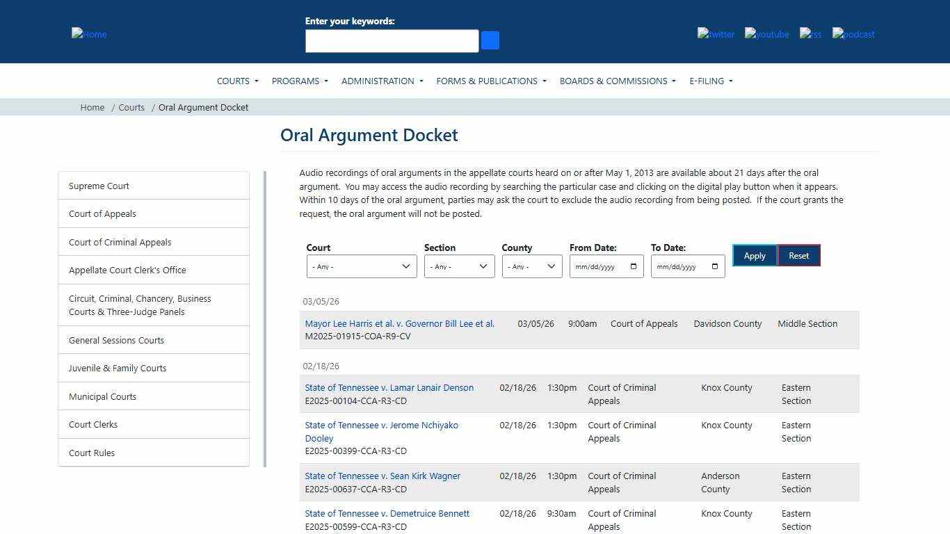 Oral Argument Docket Tennessee Administrative Office of the Courts